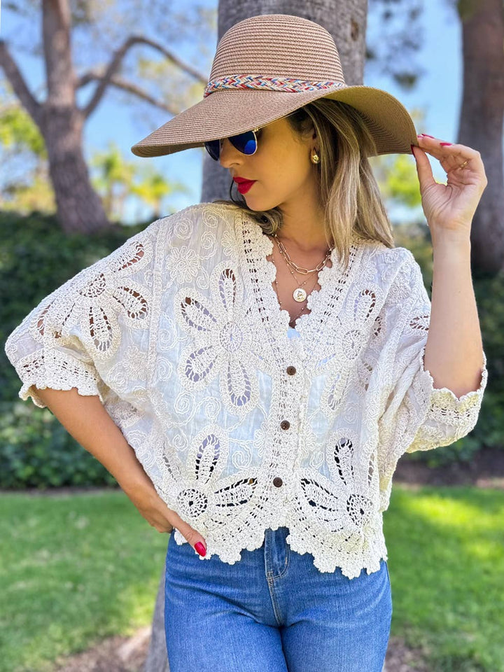 Floral Crochet Button Down Cardigan with Dolman Sleeves