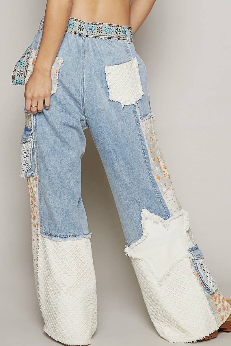 Printed Patchwork Detail Woven Denim Twill Pants