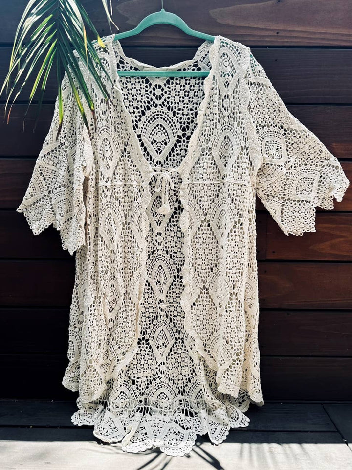 Boho open front high-low crochet cardigan perfect for coastal layering and beach days