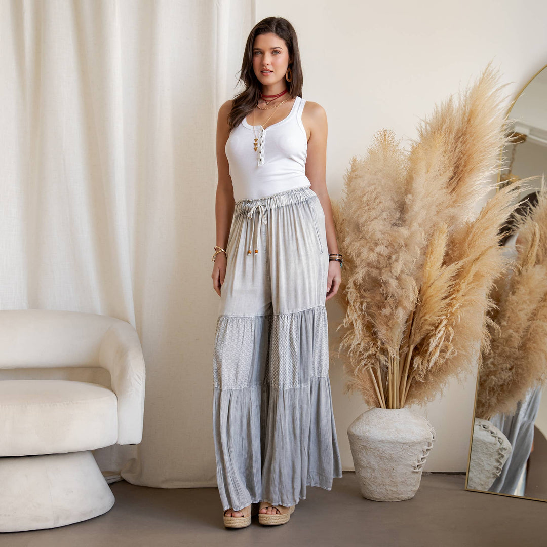 Mineral Wash Tiered Wide-Leg Palazzo Boho Pants