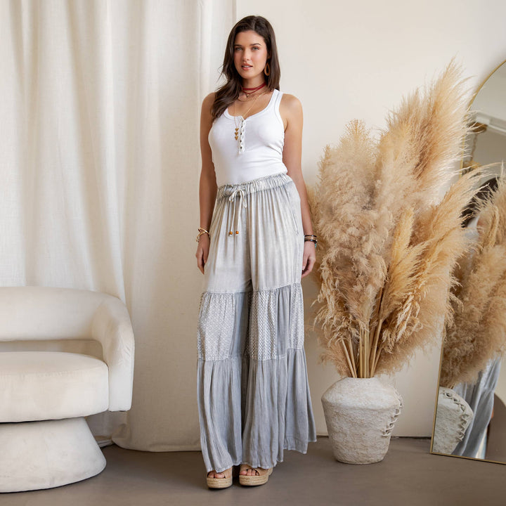 Mineral Wash Tiered Wide-Leg Palazzo Boho Pants