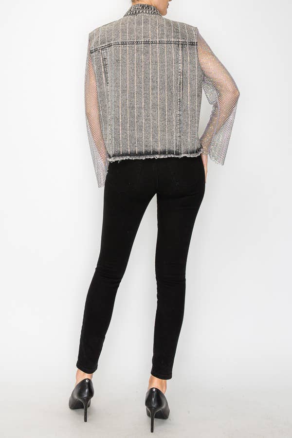 Denim Jacket With Sparkly Details &amp; Net Mesh Sleeves