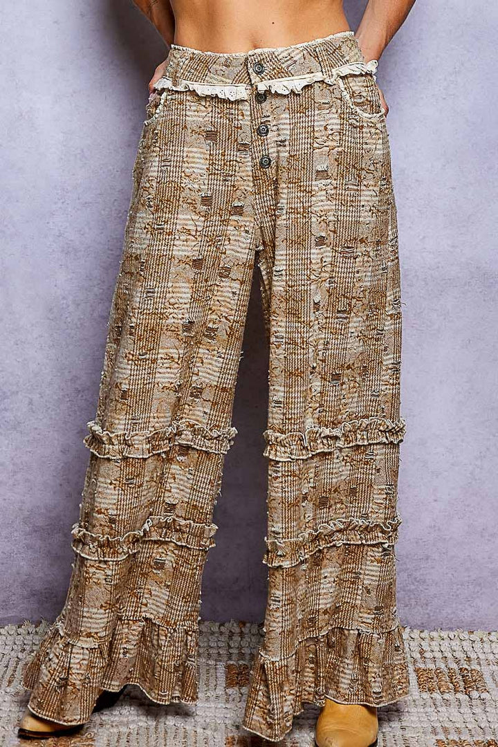 Vintage Distressed Plaid Ruffle Hem High Rise Wide Leg Pants