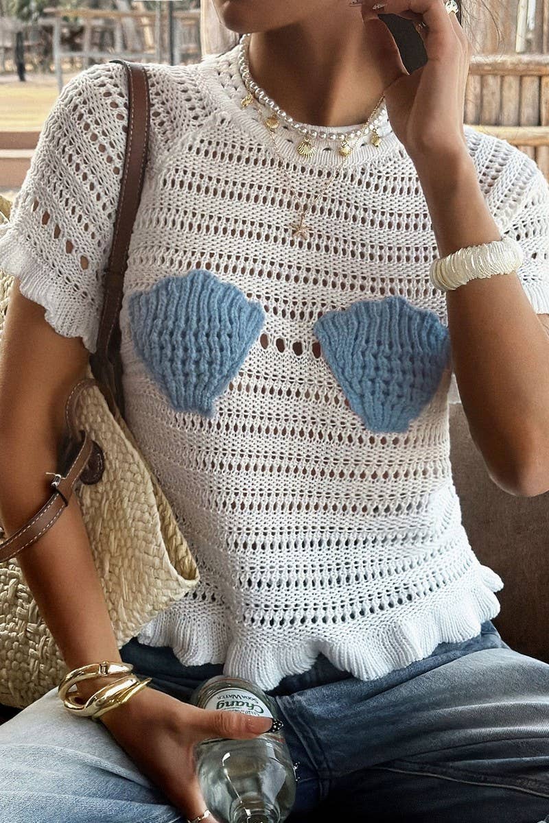 Knit Shell Beach Short-Sleeve Top with openwork detail for coastal boho style