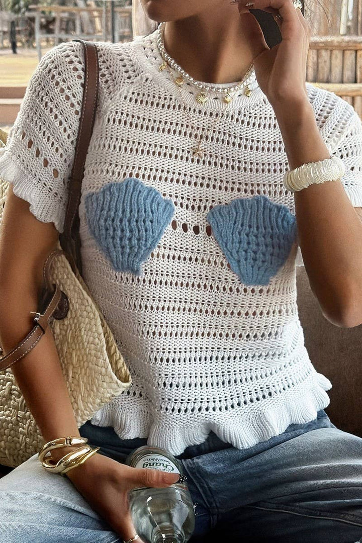 Knit Shell Beach Short-Sleeve Top with openwork detail for coastal boho style
