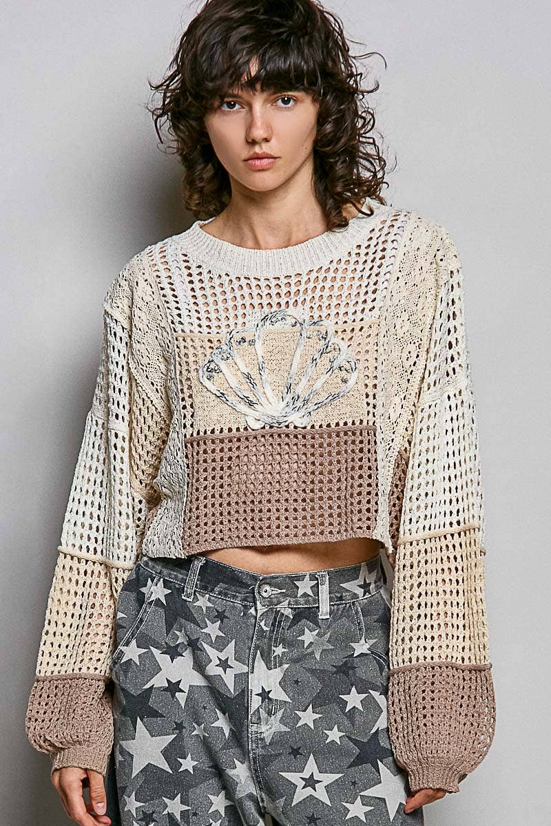 Crochet Shell Patch Thin Sweater Cropped Top