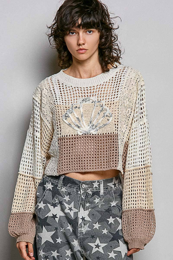 Crochet Shell Patch Thin Sweater Cropped Top