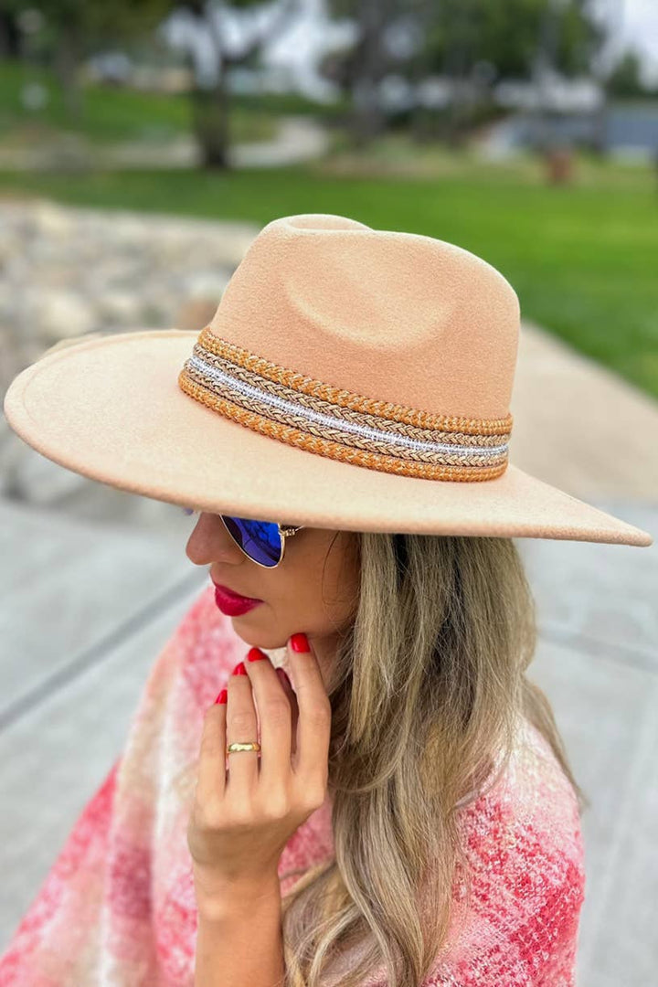 Nude Fedora Hat with Shimmery Trim for boho coastal summer style