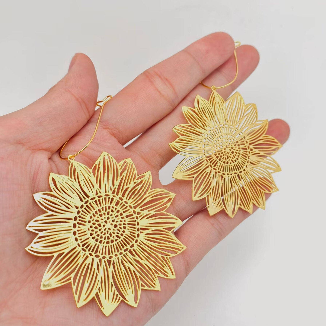 Golden Hollow Sunflower Hoop Earrings boho coastal gold statement jewelry for free spirits