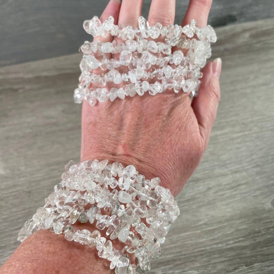Healing Crystal Chip Bracelets with amethyst and rose quartz for coastal boho style
