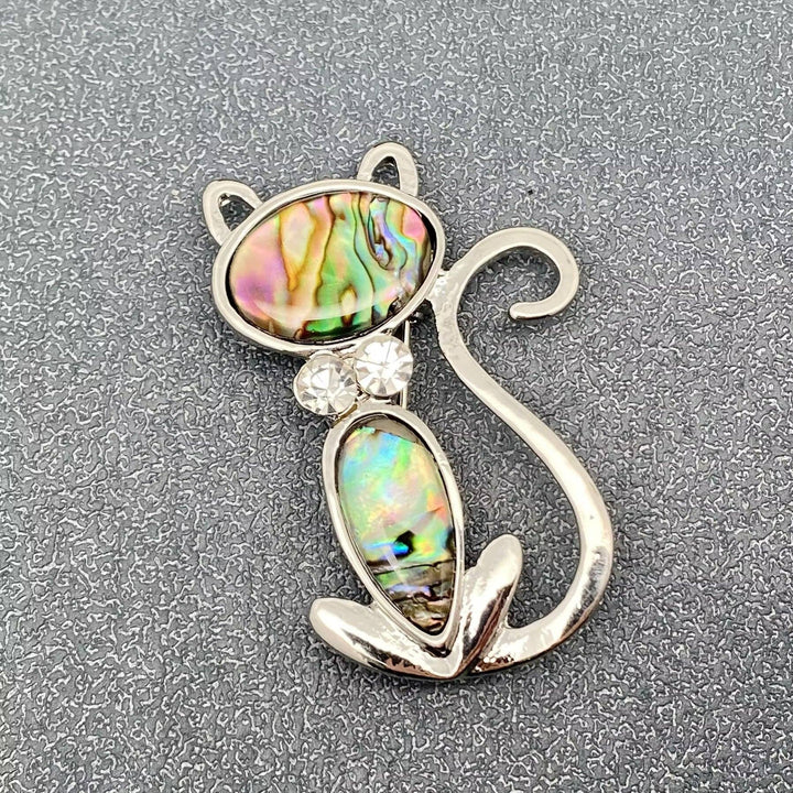 Abalone Shell Silver Tone Cat Brooch