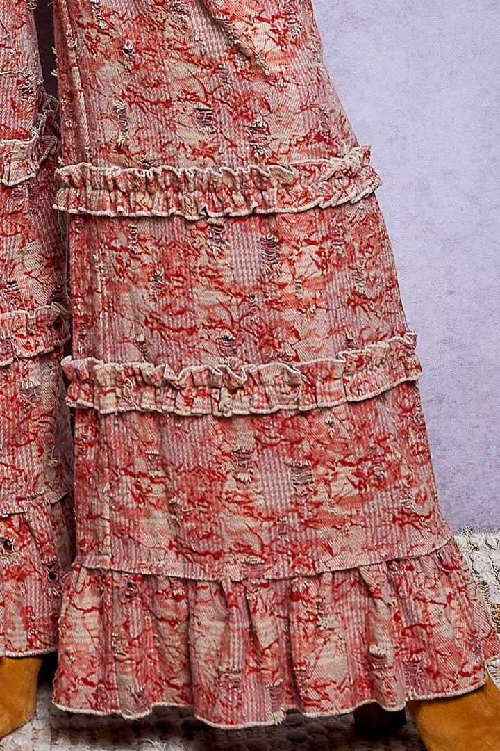 Vintage Distressed Plaid Ruffle Hem High Rise Wide Leg Pants