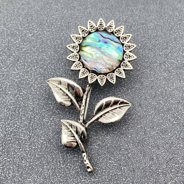 Abalone Shell Silver Tone Sunflower Brooch