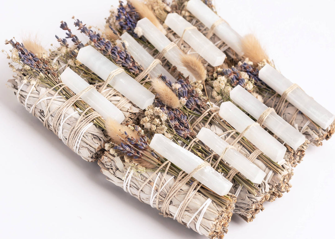 Floral Sage Selenite Crystal Cleansing Bundle for ritual and spiritual renewal