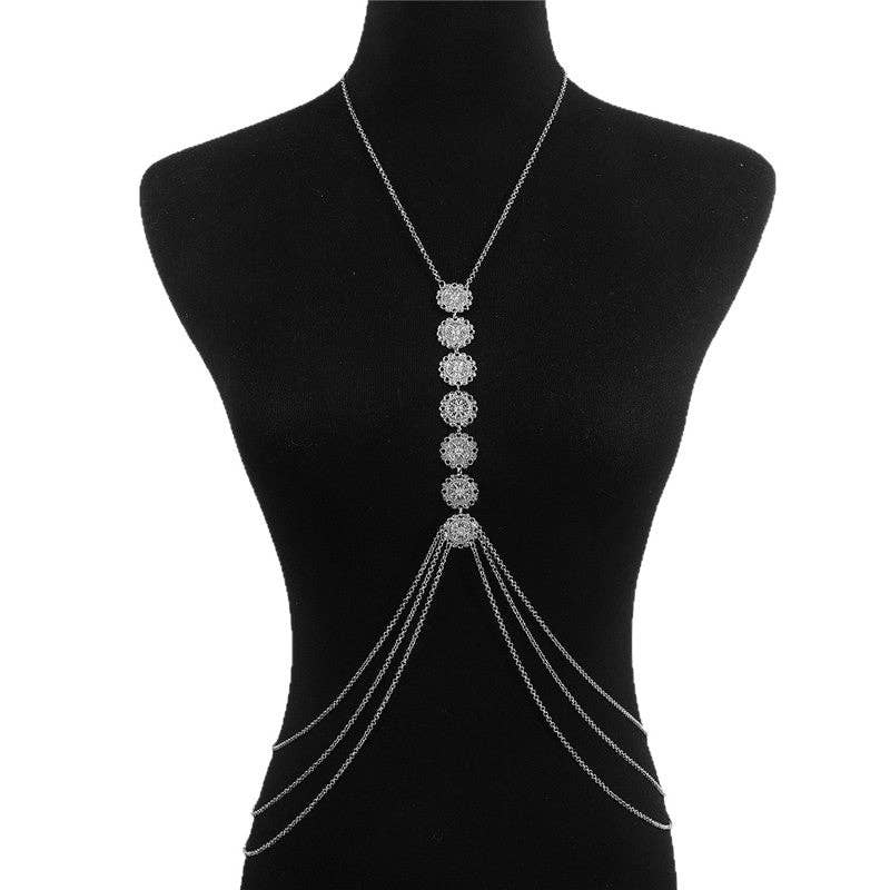 Engraved Flower Plate Cross Body Chain | Silver, Gold