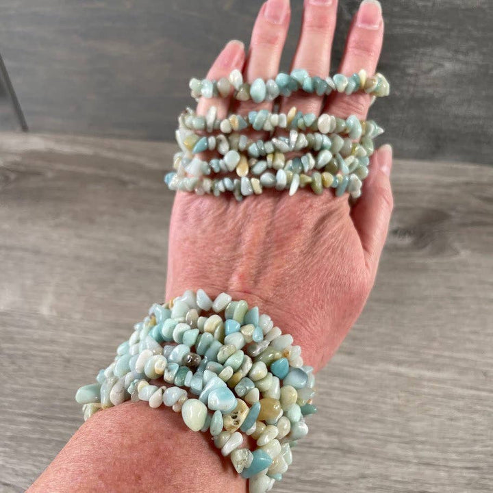 Healing Crystal Chip Bracelets with amethyst and rose quartz coastal boho style