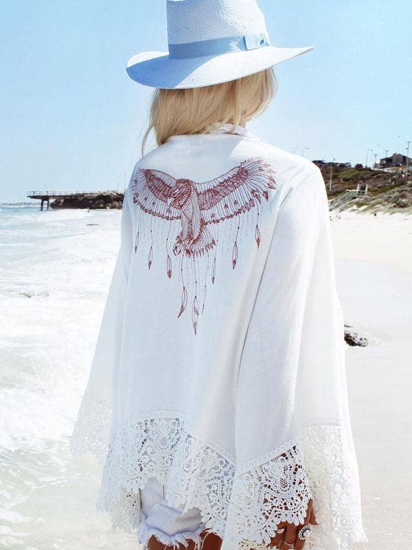 White Lace Sleeve Eagle Print Beach Cardigan bohemian kimono cover-up coastal boho style