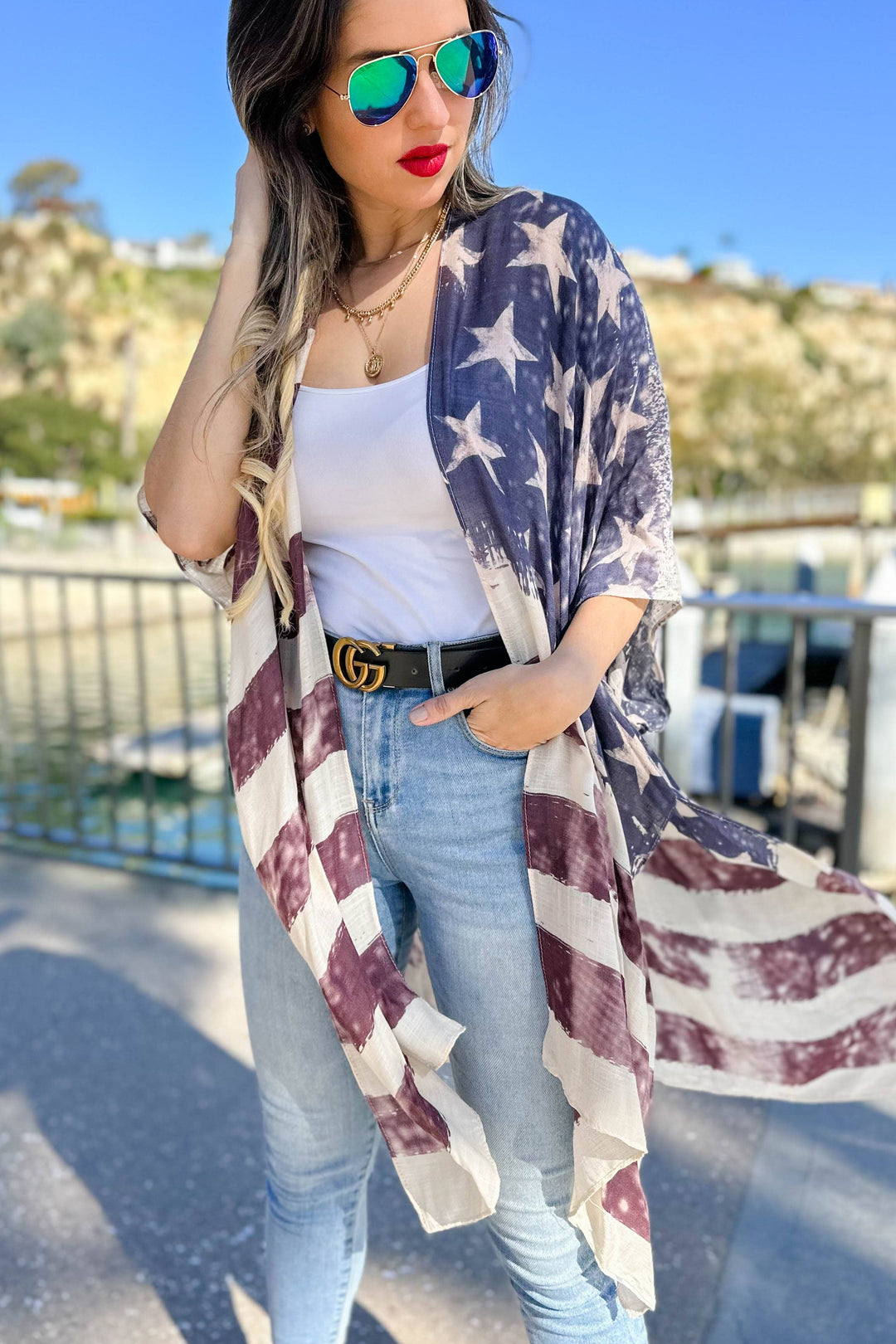 Vintage American Flag Printed Kimono Cover Up for boho coastal Fourth of July style