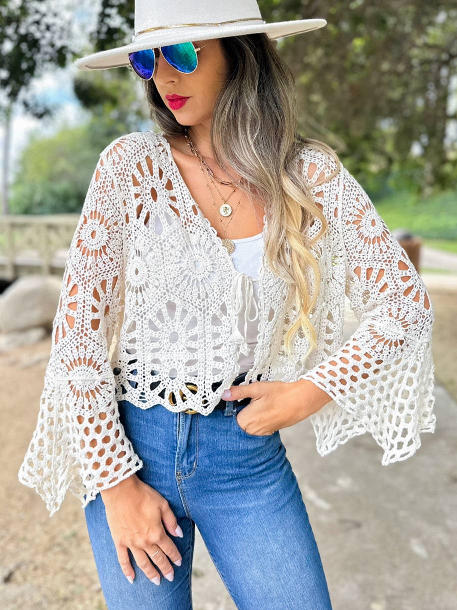 Ivory floral open front long sleeve crochet cardigan with boho coastal charm