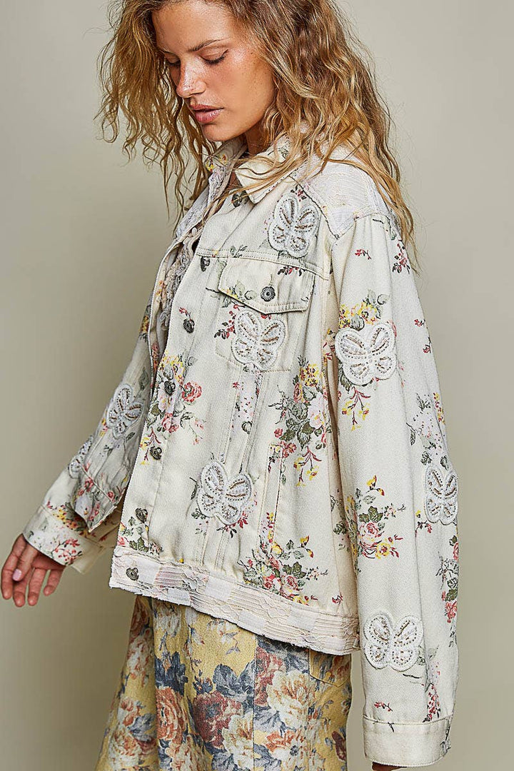 Floral Print Embroidered Collared Denim Jacket