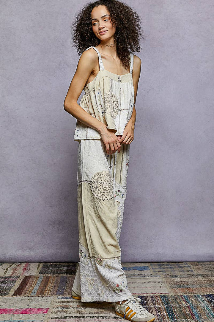 Lace Patch Detail Woven Pants with relaxed boho fit for coastal everyday wear