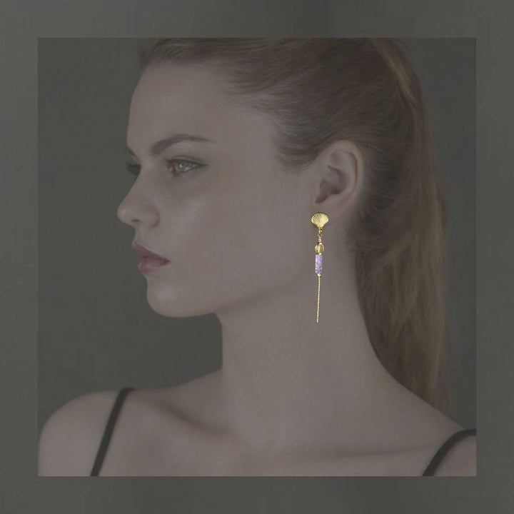 Brass Sea Shell w/ Gemstone Chain Drop Earrings