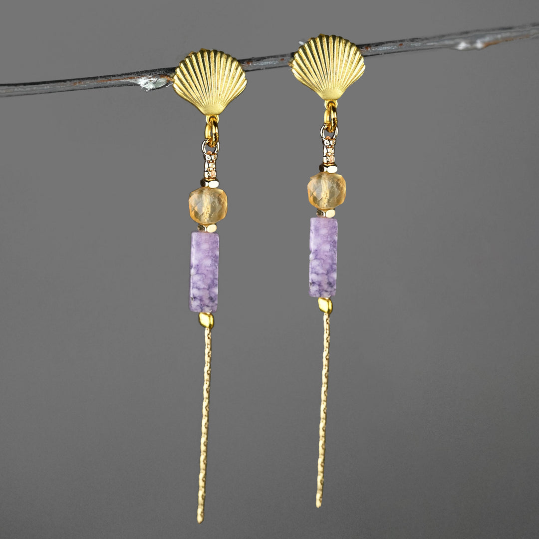 Brass Sea Shell w/ Gemstone Chain Drop Earrings