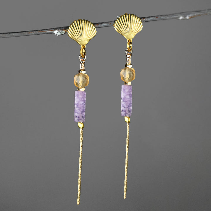 Brass Sea Shell w/ Gemstone Chain Drop Earrings