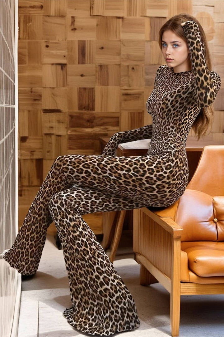 Leopard print backless bodysuit jumpsuit slim fit boho coastal chic women&