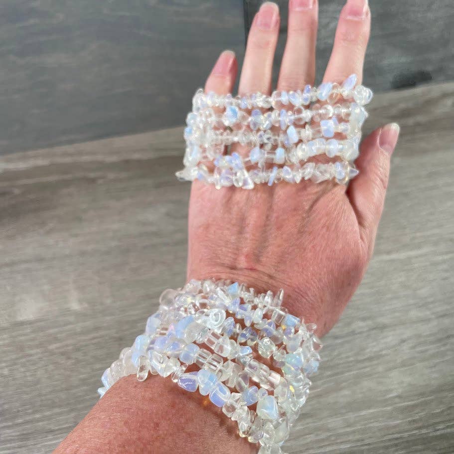 Healing Crystal Chip Bracelets with amethyst and rose quartz for coastal boho style