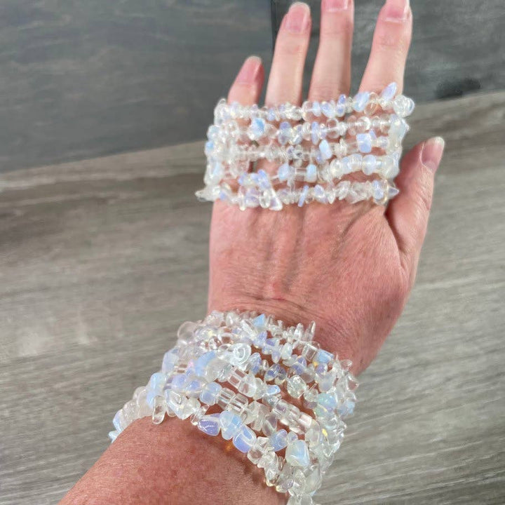 Healing Crystal Chip Bracelets with amethyst and rose quartz for coastal boho style
