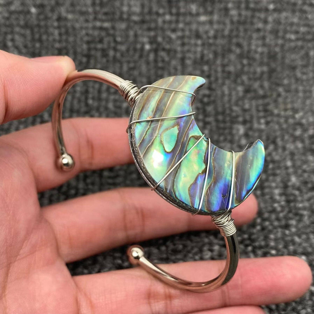 Moon Shape Natural Abalone Shell Cuff Bangle with iridescent coastal boho charm
