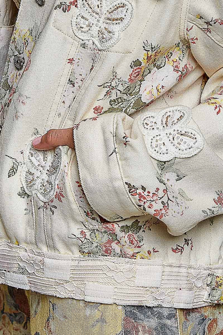 Floral Print Embroidered Collared Denim Jacket