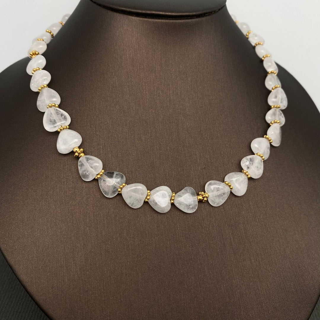 Heart White Crystal 18K Golden S.Steel Bead Necklace -FGS/CS