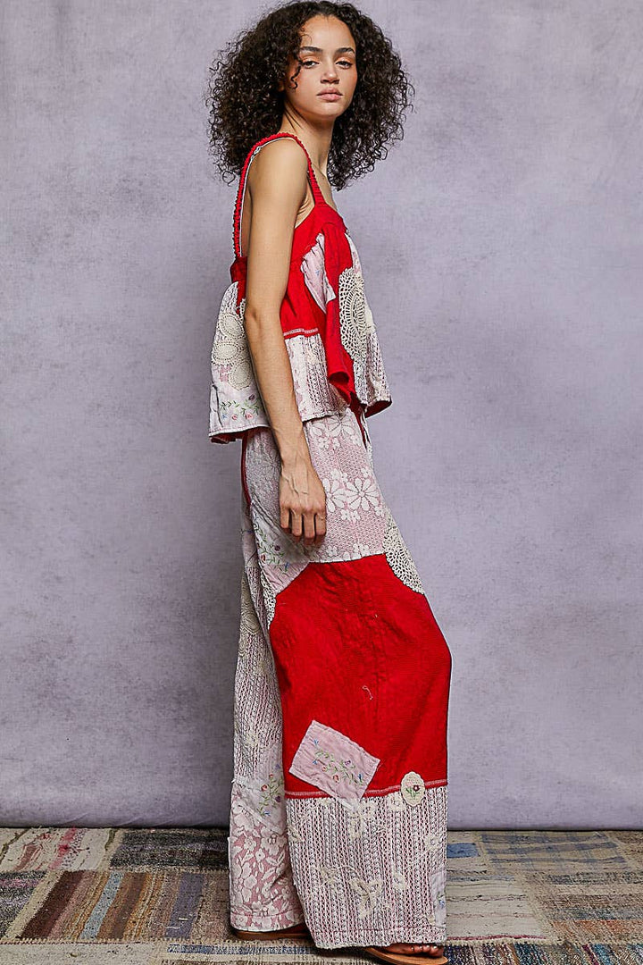 Lace Patch Detail Woven Pants in relaxed boho fit for coastal everyday wear