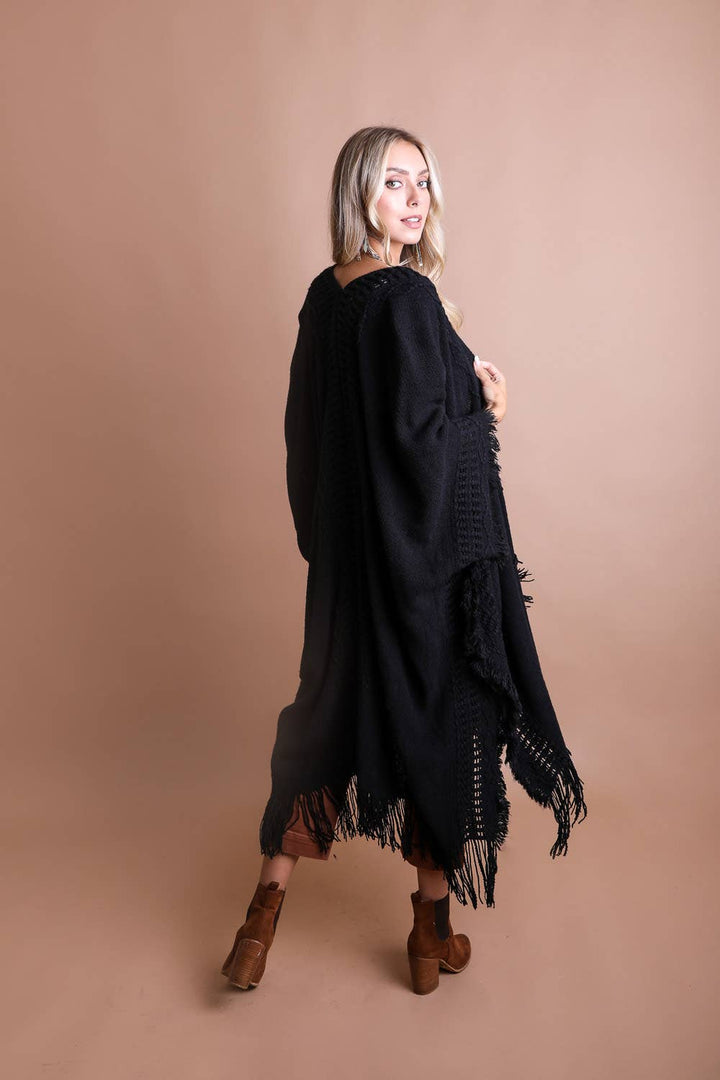 Frayed Border Bohemian Ruana Kimono Sweater