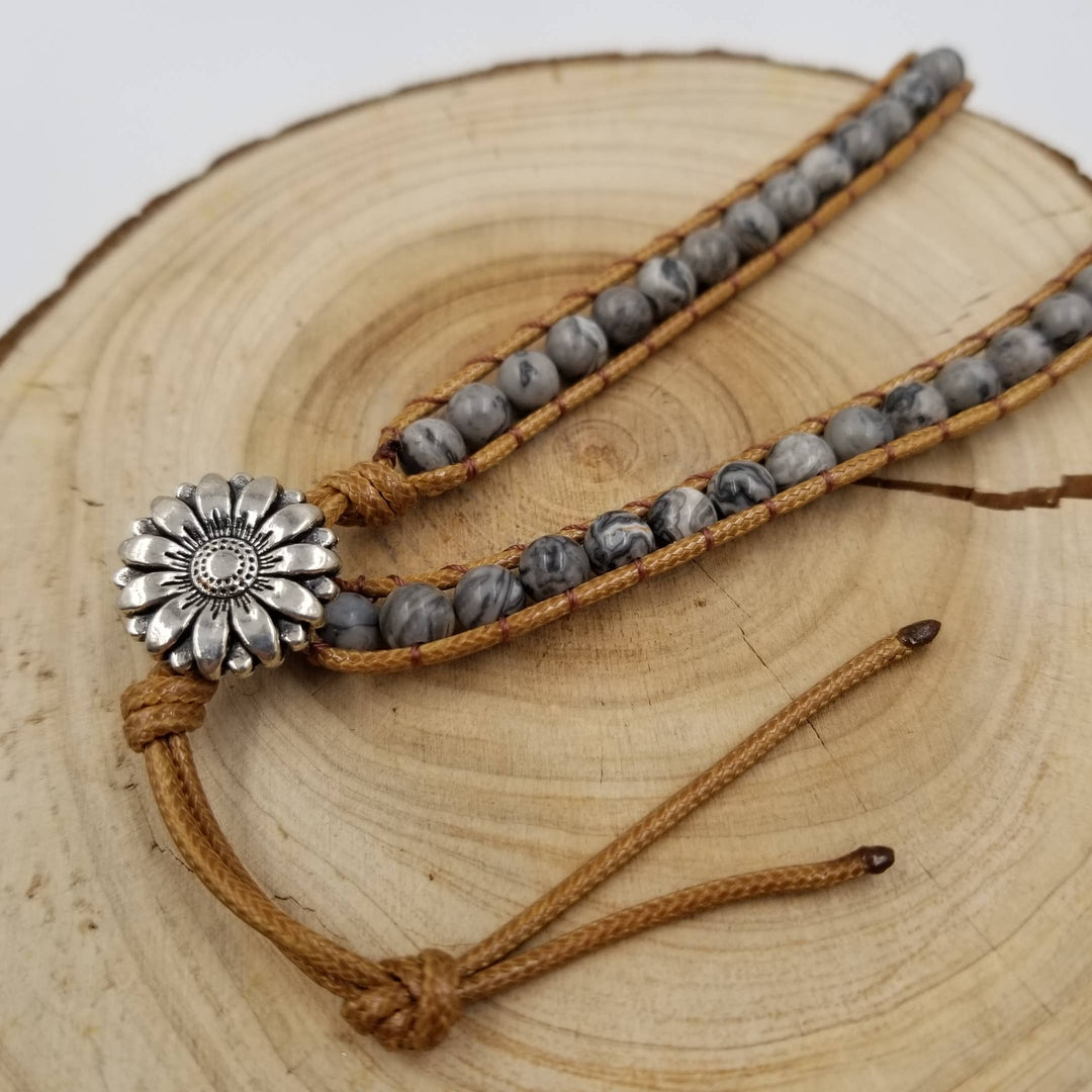 Handmade multi-layer natural stone leather bracelet with coastal boho chakra energy