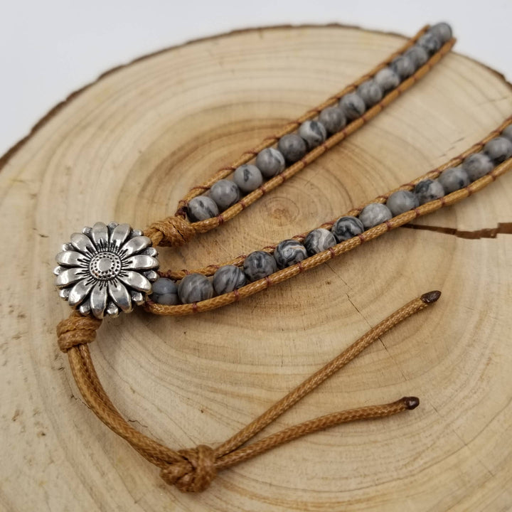 Handmade multi-layer natural stone leather bracelet with coastal boho chakra energy
