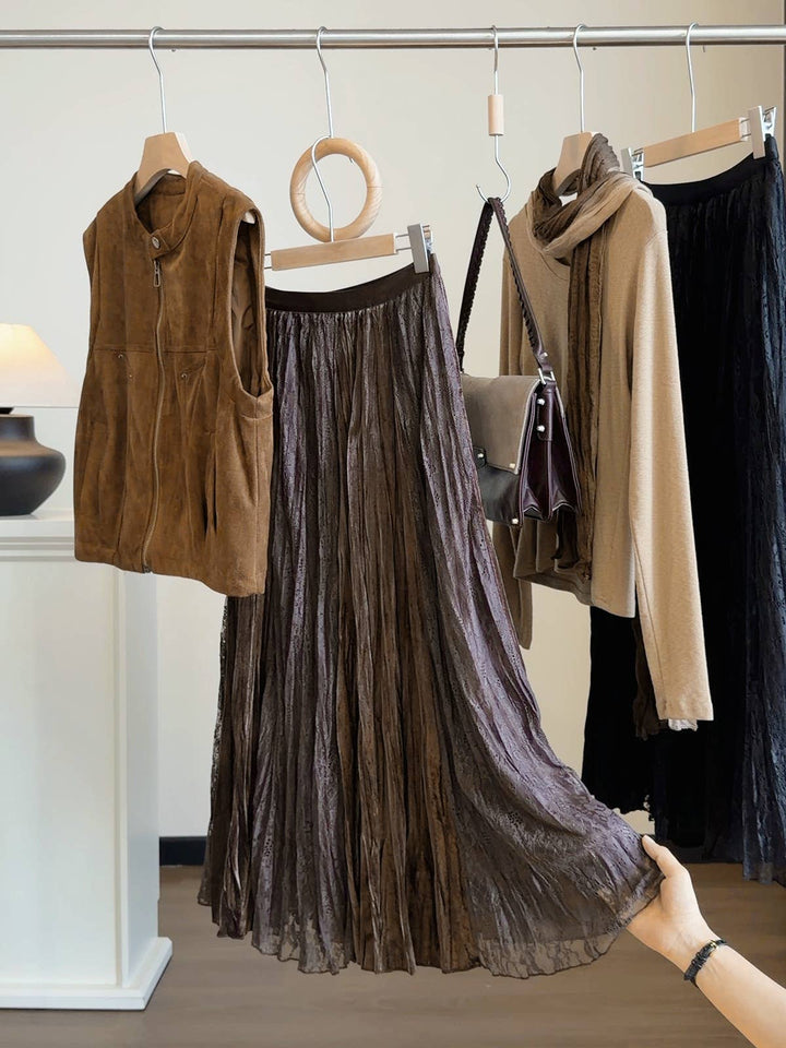 Lace Panel Velvet Pleated A-Line Skirt