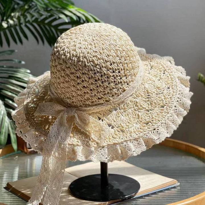 Lace Trim Sunshade Straw Hat with Bow