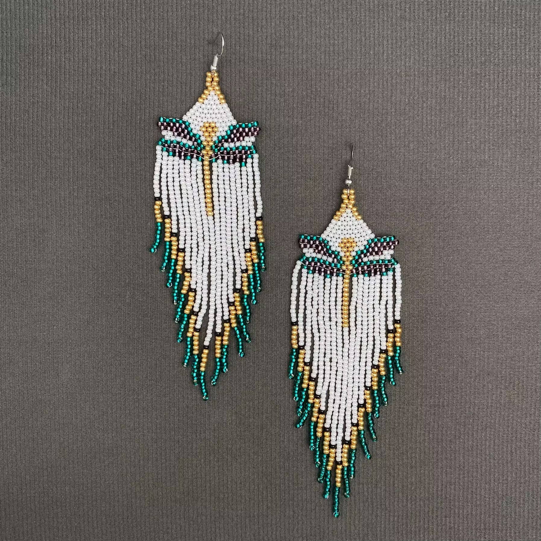 Bohemian Dragonfly Seed Bead Fringe Dangle Earrings handcrafted coastal boho jewelry