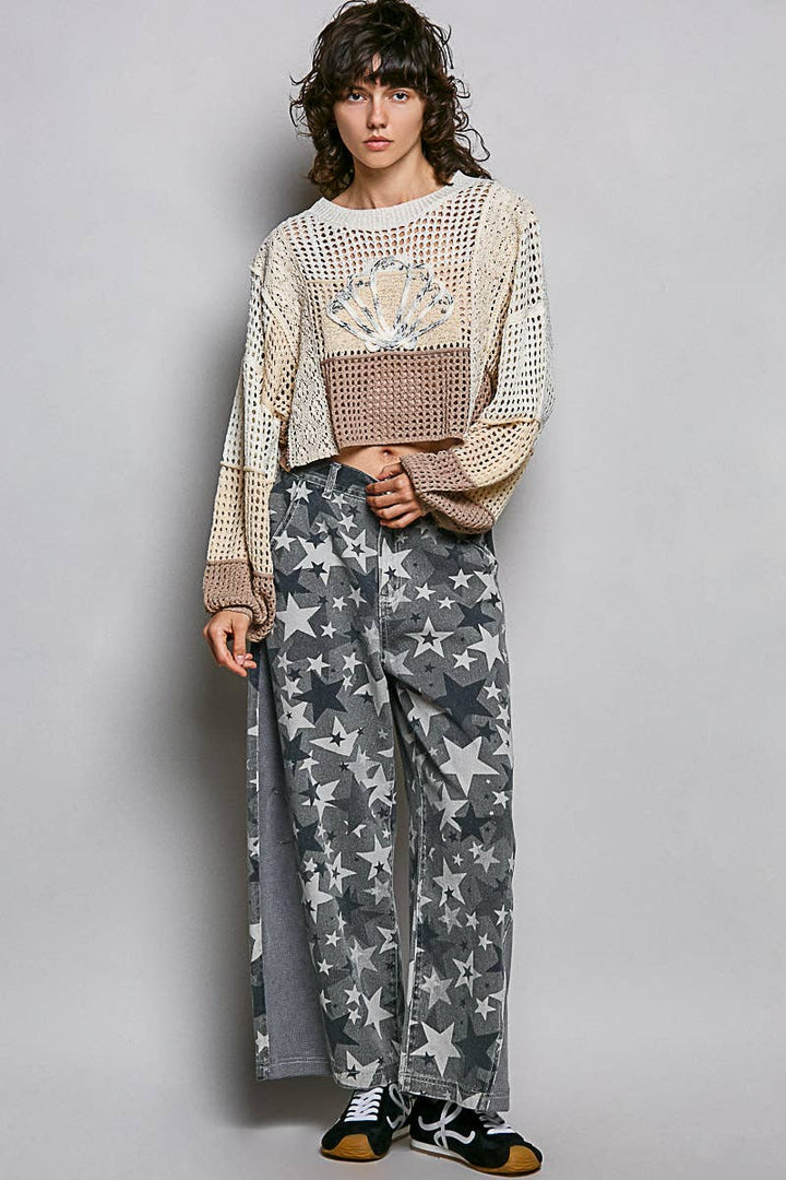 Crochet Shell Patch Thin Sweater Cropped Top