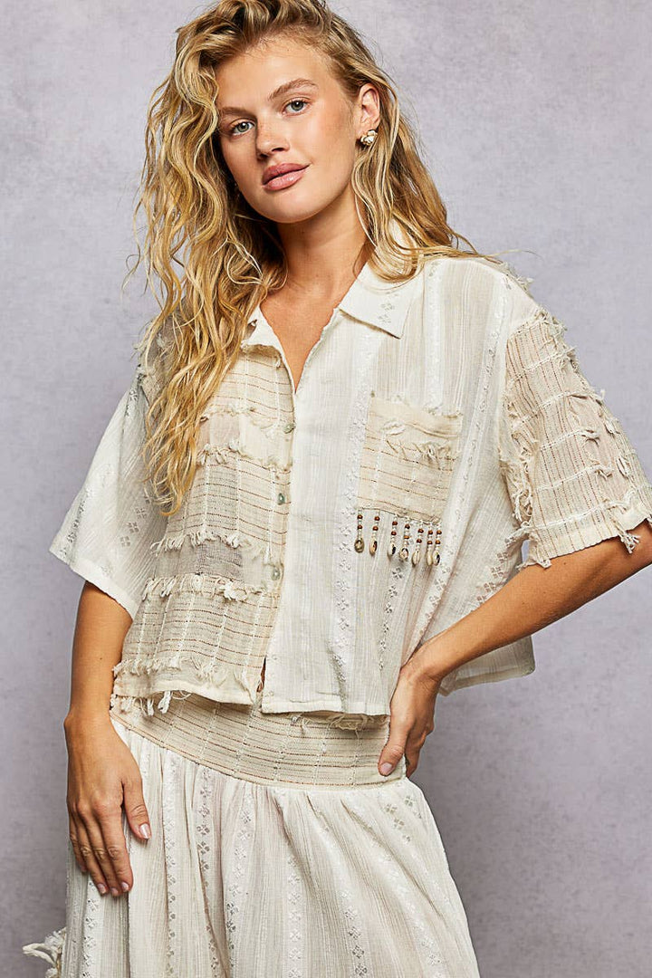 Boho Fringe Shell Bead Shirt Top with woven cotton and handcrafted coastal detail