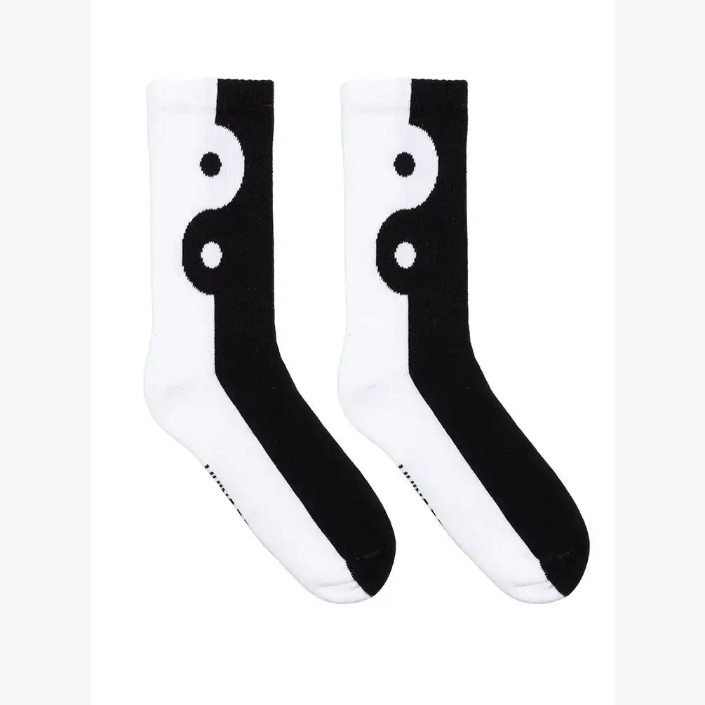 Black and white yin yang crew socks with ribbed tubing from Anchored Soul