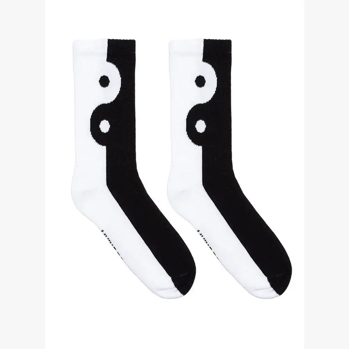 Black and white yin yang crew socks with ribbed tubing from Anchored Soul
