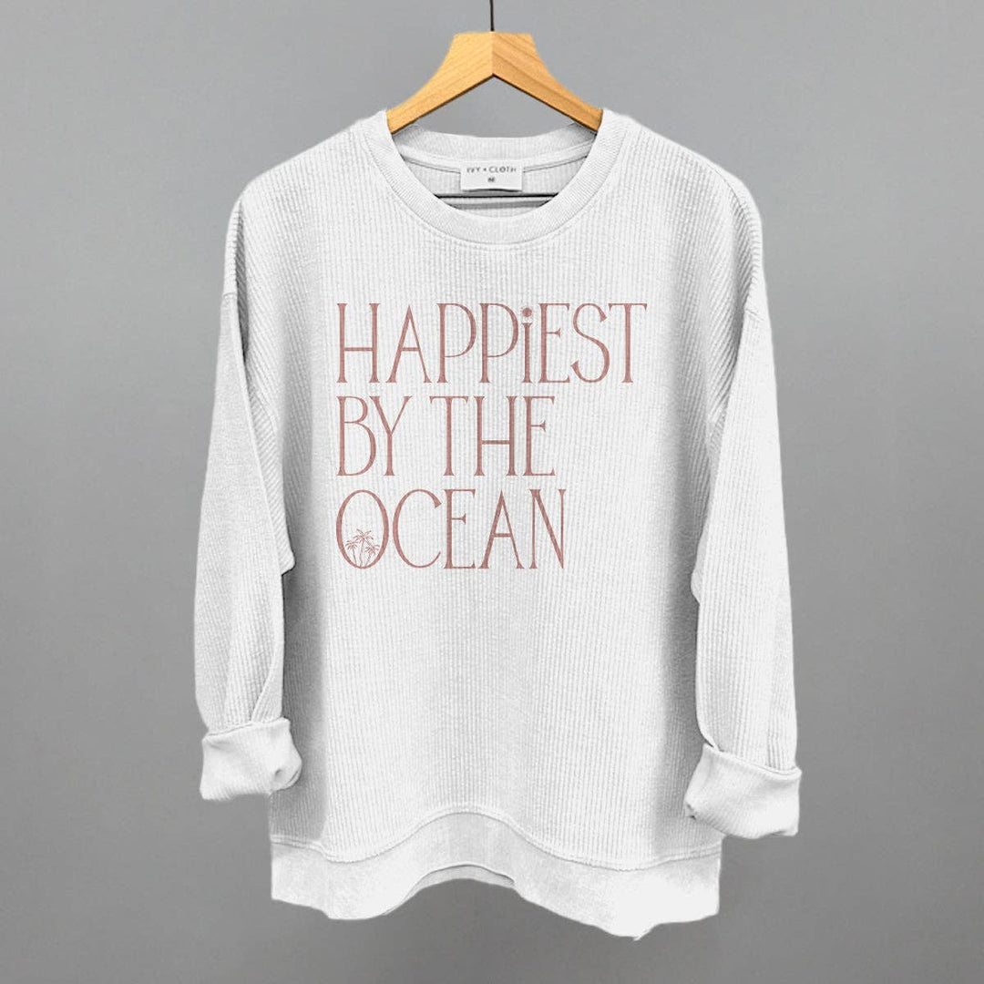 Happiest By The Ocean relaxed fit coastal graphic sweatshirt for ocean lovers