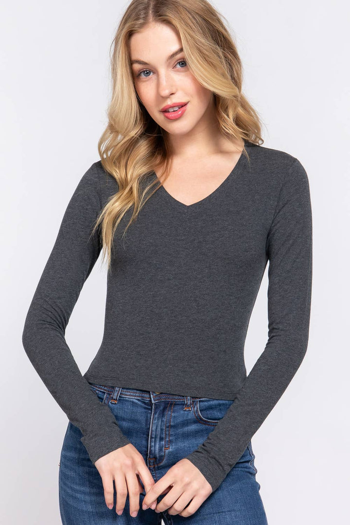 Fitted Long Sleeve V-Neck Crop Top with effortless coastal hippie style and warmth