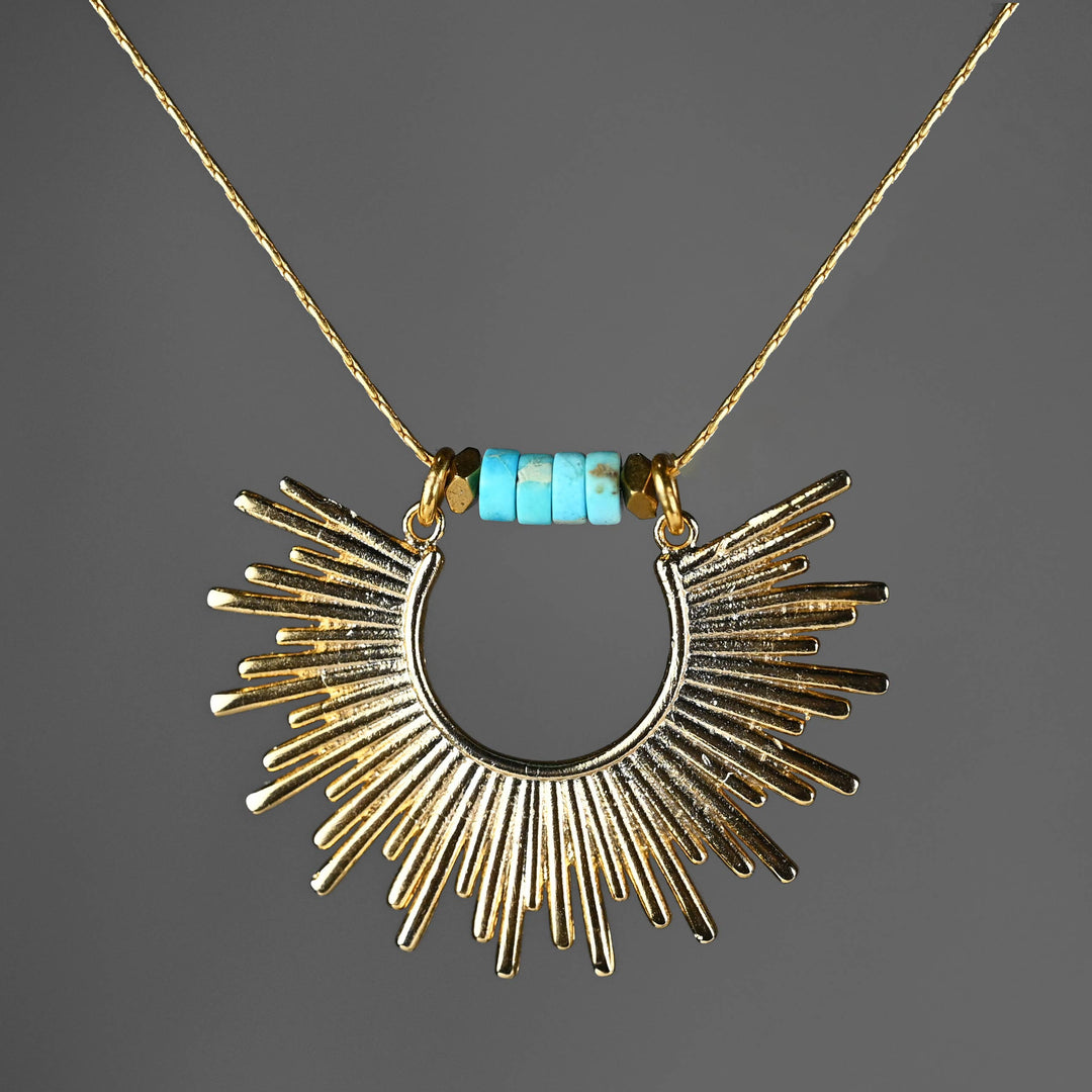 Golden Sun necklace with turquoise jasper heishi beads handmade coastal boho jewelry