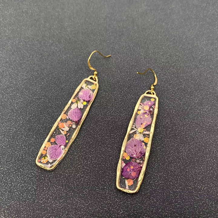 Pink Hydrangea Dried Flower Rectangular Earrings handcrafted for the coastal bohemian soul