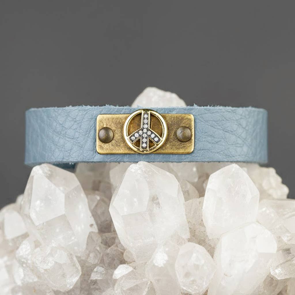 Leather Stacker Cuff with Turquoise Pavé Peace Charm boho coastal bracelet